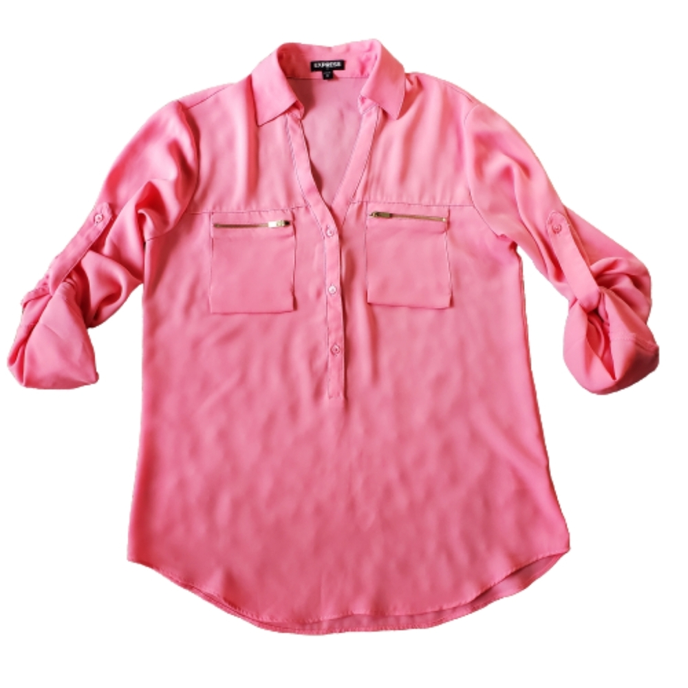 REDUCED! Express Peach/Coral Portofino Button down Blouse with Zipper pockets